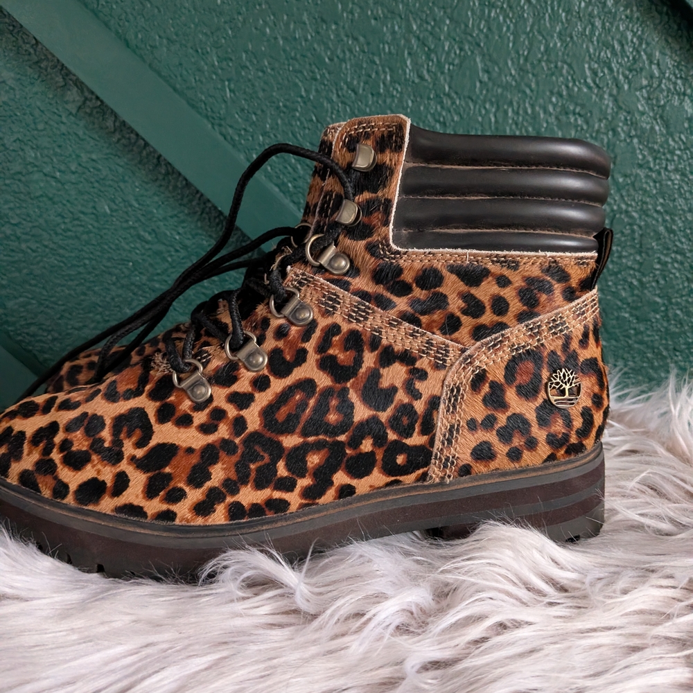 TIMBERLAND LONDON SQUARE HIKER BOOT BROWN WOMEN BOOTS SIZE 8.5 LEOPARD PRINT